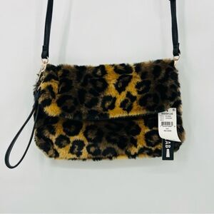 Design Lab Cheetah Furry Crossbody Purse with Wristlet  Handle NWT